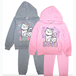 Toddlers - GIRLS PINK "Love Cat Heart" Screen Hooded Pull Over Jogset - 2 Color Options