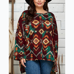 Plus Size Aztec Print Reverse Seam Poncho Style Tunic in Burgundy