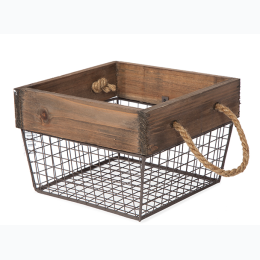 Square Wood and Wire Basket with Rope Handles