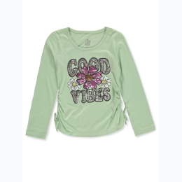 Girl's Good Vibes Sequin Ruched Side Top in Green