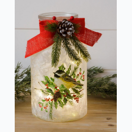 Frosted Glass Luminary With Bow - Chickadee on Branch