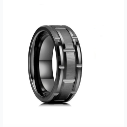 Men's Titanium Steel Brushed Etched Wedding Band Style Ring in Black