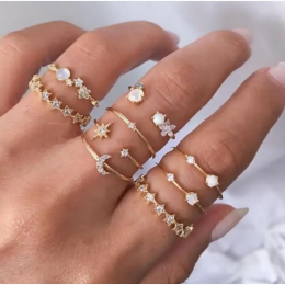 Women's Stars & Moon Rhinestone 9pc Ring Set in Gold