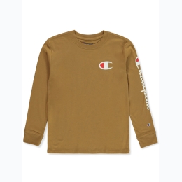 Boy's Champion Long Sleeve Arm Script Logo T-Shirt in Timber