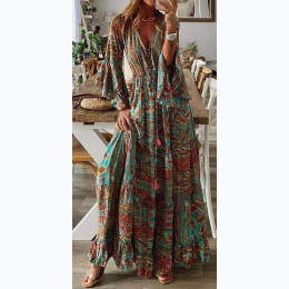 Women's Retro High Waist 3/4 Sleeve Bohemian Dress in Green