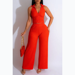 Junior's Wrinkle Textured Crop Top & Pants Set - TOMATO RED - SIZE M