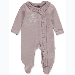 Baby Girl Made of Love Floral Embroidered Ruffled Coverall in Light Purple