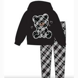 GIRLS PINK Plaid Teddy Bear Hooded Fleece Plaid Legging - Black & White