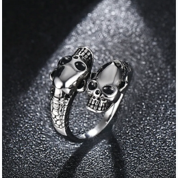Men's Double Skull Head Design Adjustable Ring in Silver