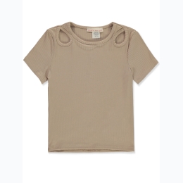 Girl's Keyhole Short Sleeve Ribbed Top in Khaki