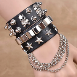 Men's Punk Style Skull & Rivet Drop Multi Chain Cuff Bracelet Set