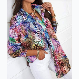 Women's Multi Color Leopard Print Button Front Blouse