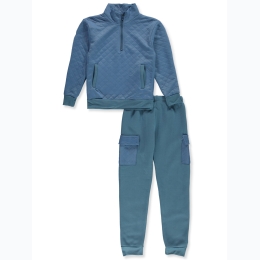 Boy's Quad Seven Solid Quilted Fleece 1/4 Zip Cargo Jogger Set - 2 Color Options