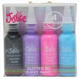 Justice 4 Pack Glitter 3D Puffy Fabric Paint - Unicorn Shine, Pink, Purple, Blue