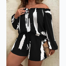 Plus Size Tie Dye Print Off The Shoulder Top Drawstring Short Set in Black and White