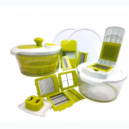 MegaChef 10-in-1 Multi-Use Salad Spinning Slicer, Dicer and Chopper with Interchangeable Blades and Storage Lids