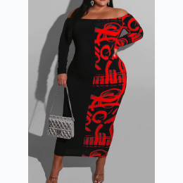 Plus Size Colorblock Off Shoulder Long Sleeve Maxi Dress in Black/Red