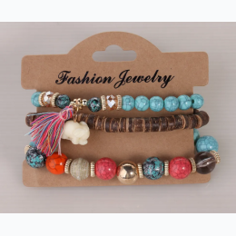 Elephant Charm Tassel  Wooden Beads Multilayer Bracelet in Blue & Pink